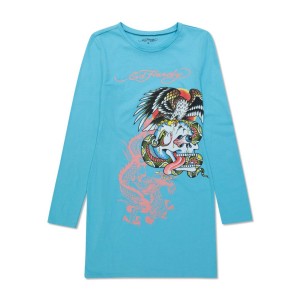 Ed Hardy Battle Skull Baby Tee Long Sleeve Dress Kleid Damen Helltürkis | NMVIL-6970
