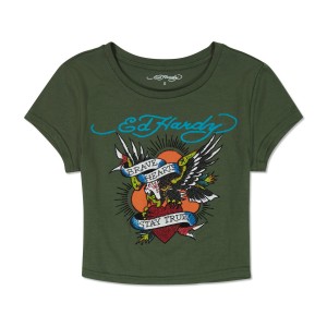 Ed Hardy Brave Eagle Rhinestone Baby Tee Baby Tees Damen Olivgrün | MWJUX-6187
