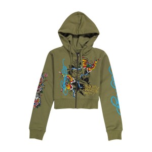 Ed Hardy Butterflies Cropped Hoodie Hoodie Damen Olivgrün | XEAFT-1329