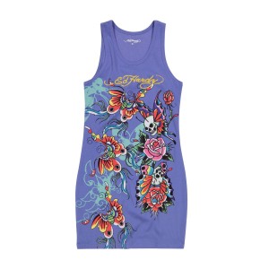 Ed Hardy Butterflies Rib Tank Dress Kleid Damen Blau | QYAUR-6053