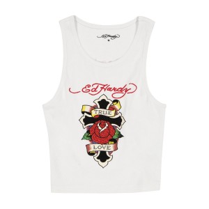 Ed Hardy Cross Rib Tank Top Muskelshirt Damen Weiß | XPJGN-5768