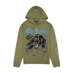 Ed Hardy Crouching Panther Mens Hoodie Hoodie Herren Olivgrün | TOWBI-9738