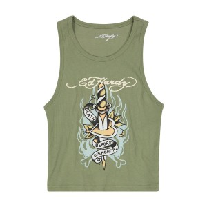 Ed Hardy Death Before Dishonor Dagger Rib Tank Top Muskelshirt Damen Olivgrün | DABNT-7198