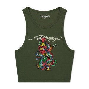 Ed Hardy Dragon Heart Rib Knit Tank Muskelshirt Damen Olivgrün | THVKL-0365