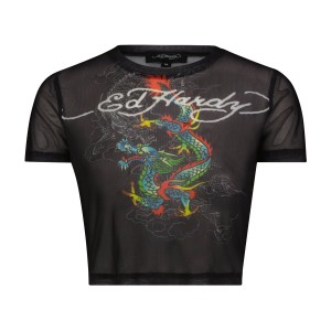 Ed Hardy Dragon Print Mesh Shirt Baby Tees Damen Schwarz | DWYEO-2186