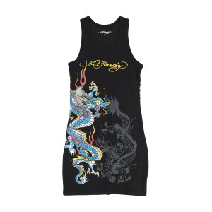 Ed Hardy Dragon Rib Tank Dress Kleid Damen Schwarz | KGEUB-8320