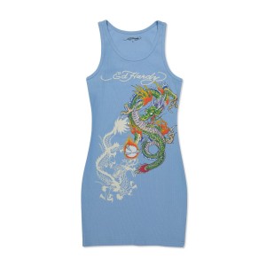 Ed Hardy Dragons Rib Tank Dress Kleid Damen Blau | ENZHX-6704