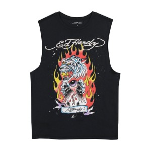 Ed Hardy Fire Tiger Mens Cut Off Tee T-shirts Herren Schwarz | WDPEB-7905