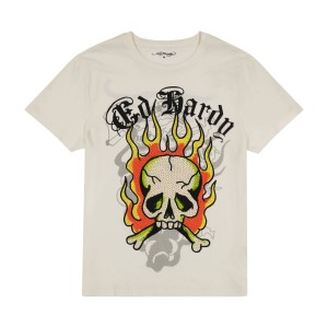 Ed Hardy Flame Skull Tee T-shirts Herren Weiß | DKJWC-9206