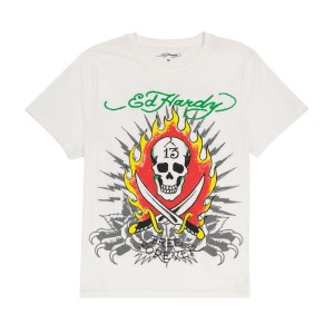 Ed Hardy Flame Skull Tee T-shirts Herren Cloud Dancer | CIQKE-4132