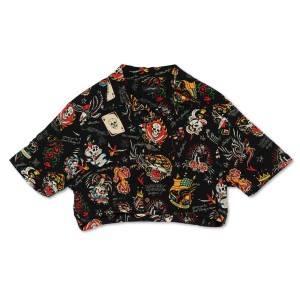 Ed Hardy Flashboard Cropped Camp Shirt (Bl) Oberteile Damen Schwarz | UVWGL-9058