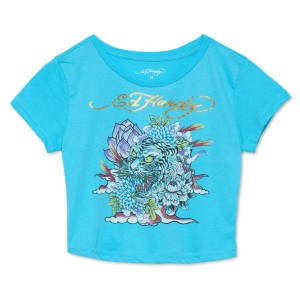 Ed Hardy Floral Tiger Baby Tee Baby Tees Damen Helltürkis | OUXRZ-8571