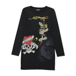 Ed Hardy LKS Skull Baby Tee Long Sleeve Dress Kleid Damen Schwarz | STNPJ-4182