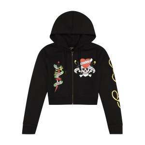 Ed Hardy LKS Skull Black Zip Front Cropped Hoodie Hoodie Damen Schwarz | OGWNY-3579