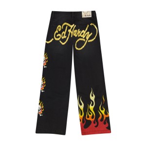 Ed Hardy Limited Edition Fire Skull Wide Leg Jean Denim Damen Schwarz | EZPMJ-2846