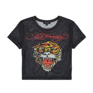 Ed Hardy Mesh Tiger Head Baby Tee Oberteile Damen Schwarz | UMZYD-6257
