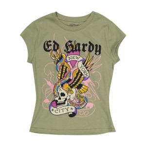 Ed Hardy NYC Skull Cap Sleeve Tee Baby Tees Damen Olivgrün | NTMOS-3490