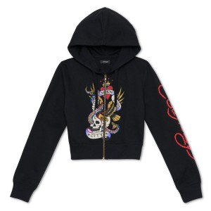 Ed Hardy Nyc Skull Cropped Hoodie Hoodie Damen Schwarz | WAUEI-3948