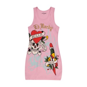 Ed Hardy Retro Flash Rib Tank Dress Kleid Damen Bubblegum | VPEGW-8279