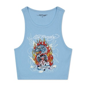 Ed Hardy Rhinestone Fire Tiger Rib Knit Tank Muskelshirt Damen Blau | LGSKT-2901