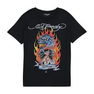 Ed Hardy Rhinestone Fire Tiger Tee T-shirts Herren Schwarz | CWTZG-8627