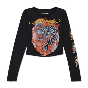 Ed Hardy Rhinestone Flaming Tiger Long Sleeve Baby Tee Oberteile Damen Schwarz | QDIEZ-5493
