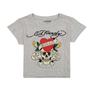 Ed Hardy Rhinestone LKS Skull Baby Tee Baby Tees Damen Grau | FPBNH-5037