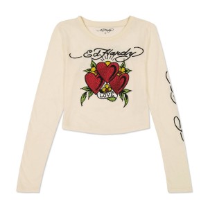 Ed Hardy Rhinestone Long Sleeve Hearts Baby Tee Baby Tees Damen Weiß | LFYGU-9084