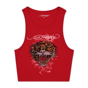 Ed Hardy Rhinestone Tiger Rib Knit Tank Muskelshirt Damen Rot | IOAWB-6217