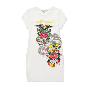 Ed Hardy Rose Baby Tee Short Sleeve Dress Kleid Damen Weiß | AKHDU-1793