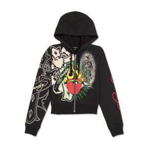 Ed Hardy Sacred Heart Cropped Zip Fleece Hoodie Hoodie Damen Schwarz | OLXWE-0213