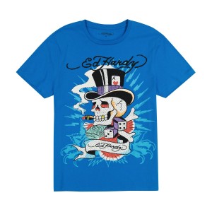 Ed Hardy Skull Hat Tee T-shirts Herren Blau | SWJLU-7941