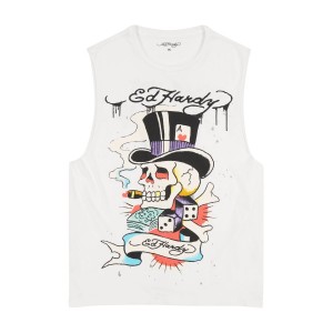 Ed Hardy Skull Tophat Mens Cutoff Tee T-shirts Herren Weiß | PVQZY-0679