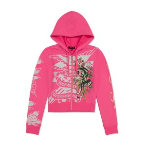 Ed Hardy Tiger Crown Zip Fleece Hoodie Hoodie Damen Rosa | NTIER-8937