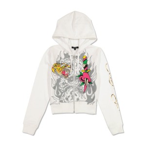 Ed Hardy Tiger Dagger Cropped Zip Fleece Hoodie Hoodie Damen Weiß | QBDSH-5243