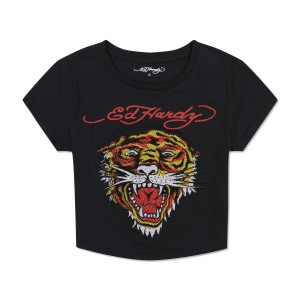 Ed Hardy Tiger Head Baby Tee Baby Tees Damen Schwarz | DBSFL-3481