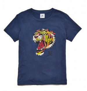 Ed Hardy Tiger Head Washed T-Shirt T-shirts Herren Navy | ZNIFL-8691