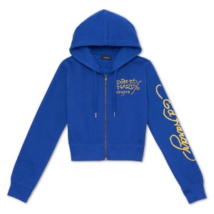 Ed Hardy Tiger Lotus Cropped Hoodie Hoodie Damen Tiefesblau | LRJBN-4623