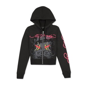 Ed Hardy Tiger Swallow Cropped Zip Fleece Hoodie Hoodie Damen Schwarz | MKSFQ-6523