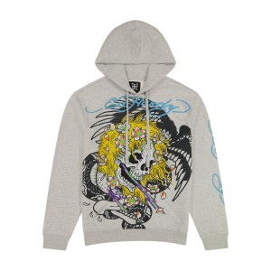 Ed Hardy Yellow Hair Skull Heather Grey Pullover Hoodie Hoodie Herren Grau | GBDOI-3758